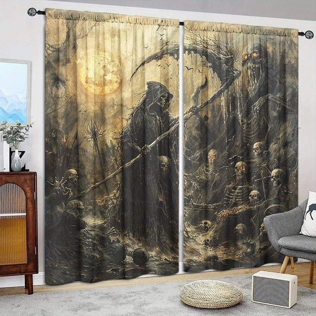 2-teiliges Set Vorhang mit Totenkopf-Aufdruck von Household supplies MH, halbtransparent, mehrfarbig, B: 132 cm, H: 160 cm - Bild 1