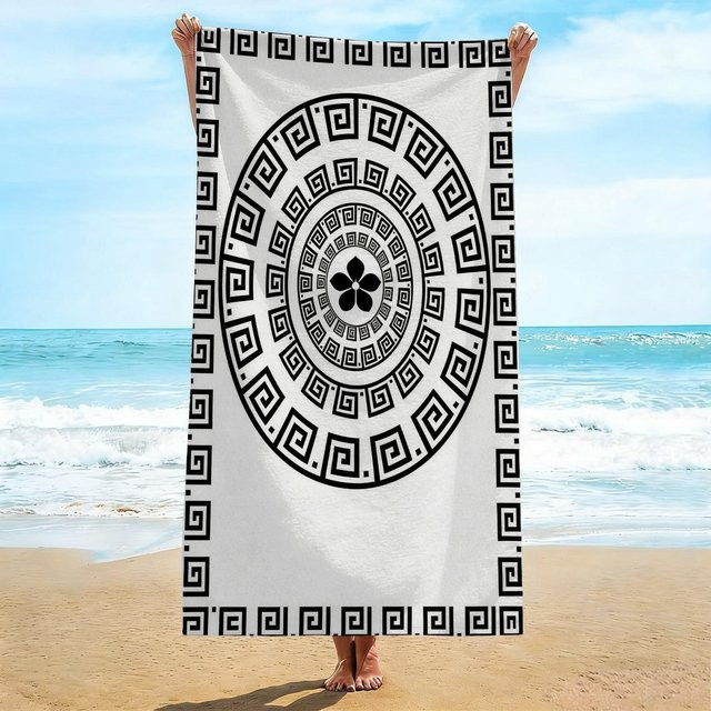 Schnelltrocknendes Mikrofaser Strandtuch mit griechischem Mäandermuster in Schwarz-Weiß, Breite: 30 cm, Höhe: 60 cm - Bild 1