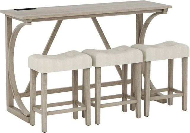 Costway Bartisch mit Barhockern Set im Landstil aus Gummibaumholz, Grau und Beige, B/T/H: 120 x 48 x 92 cm - Bild 1