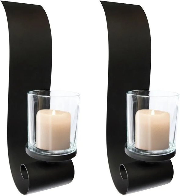 Lex 2er Set Wandkerzenhalter aus Metall und Glas in Schwarz für Stumpenkerzen oder Tealights - Bild 1