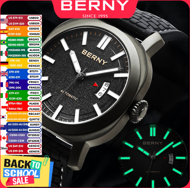 BERNY Armbanduhr Automatik, Edelstahl, Silikon, Schwarz, Herren - Bild 1