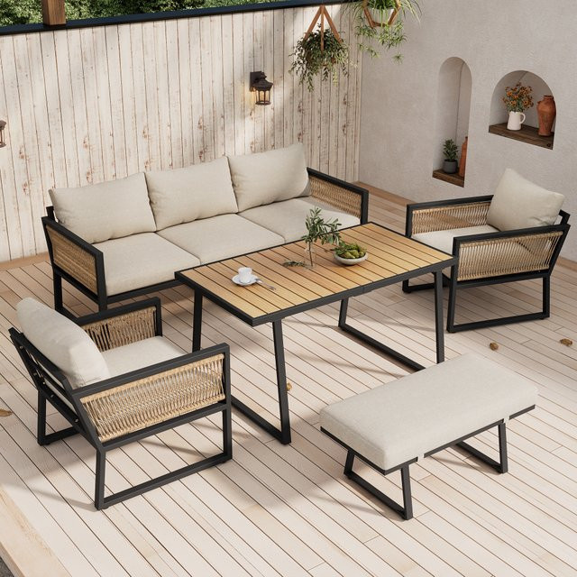 PINGGD Garten-Lounge-Set in Beige mit 3-Sitzer-Sofa, 2 Sesseln, Hocker und Esstisch aus Kunststoffholz und Metall - Bild 1
