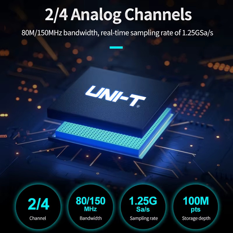 UNI-T Oszilloskop UPO1154HD UPO1082HD mit 2/4 Kanälen, 1,25 GSa/s, 80/150 MHz Bandbreite und 12-Bit ADC - Bild 2