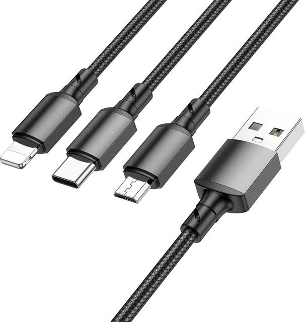 Borofone BX72 Ladekabel USB-A auf Lightning, Micro-USB oder USB-C, 18W, Schwarz, Länge: 1 m - Bild 1