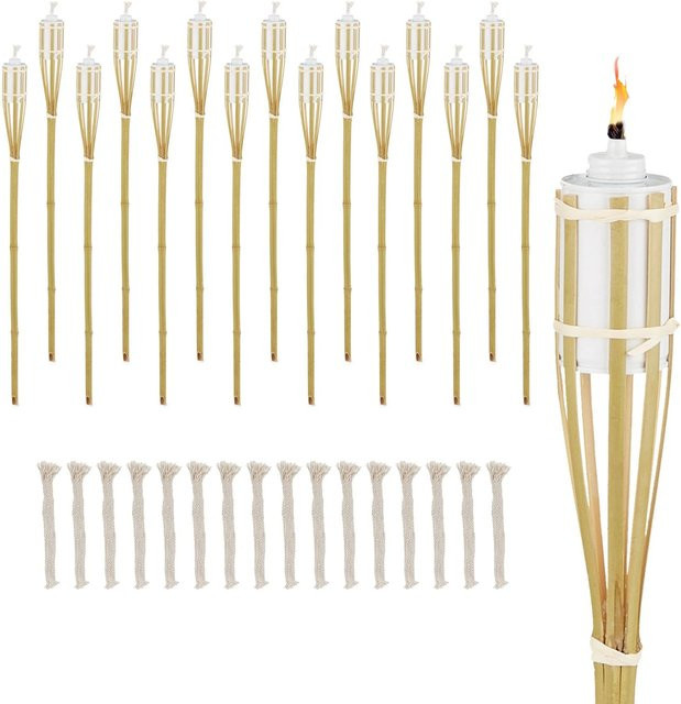 Relaxdays Gartenfackel Set aus Bambus und Eisen in Natur und Weiß, 16er Set, Höhe: 90 cm, Durchmesser: 6 cm - Bild 1