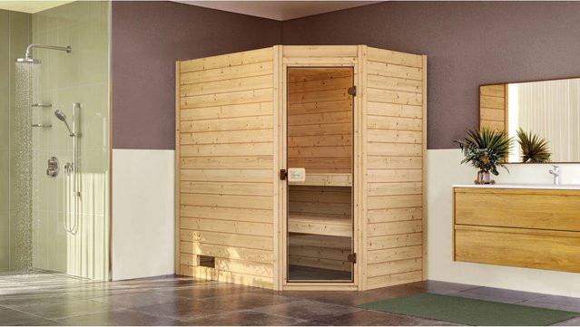 WEKA Massivholzsauna Valida Eck 1 Sparset für 6 Personen in Braun inklusive 7,5 kW Ofen mit externer Steuerung und Glastür - Bild 3