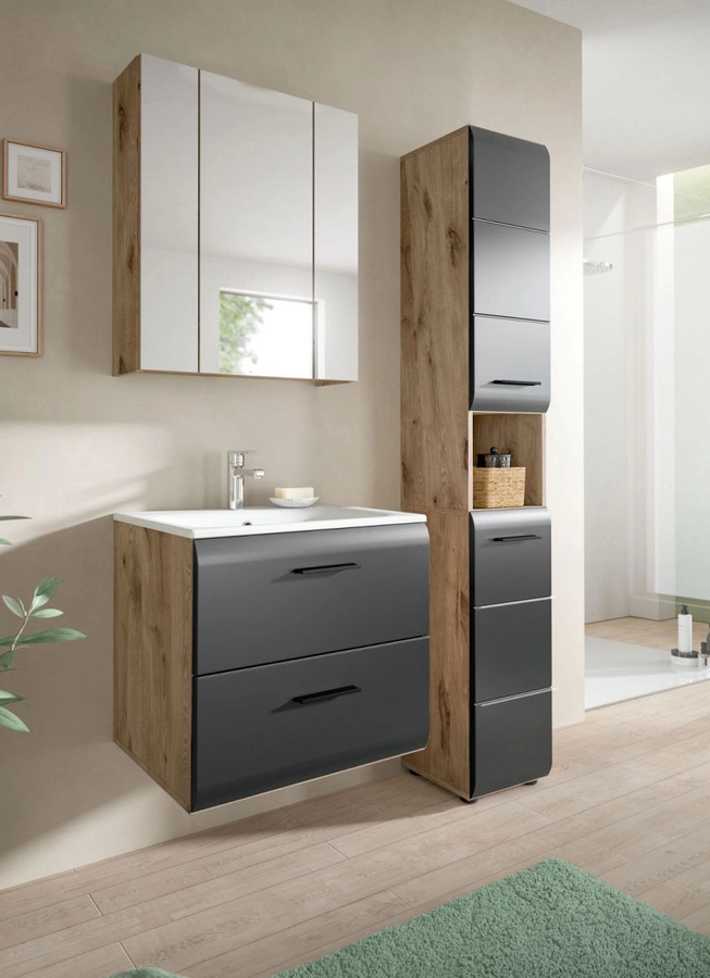 Badmöbel Set Cover von Inn.Furn in Schwarz und Eiche, 3-teilig, modern und wandmontiert, Breite: 105 cm - Bild 2