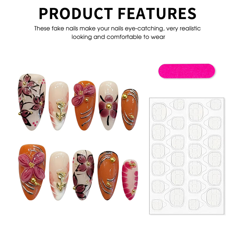 YADORNOS Press on Nails, 10 Stück, Mandel, 3D-Blüten, Glänzend, Damen - Bild 5