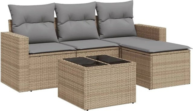 vidaXL 5-teilige Garten-Sofagarnitur aus Poly-Rattan mit Kissen in Beige-grau - Bild 1