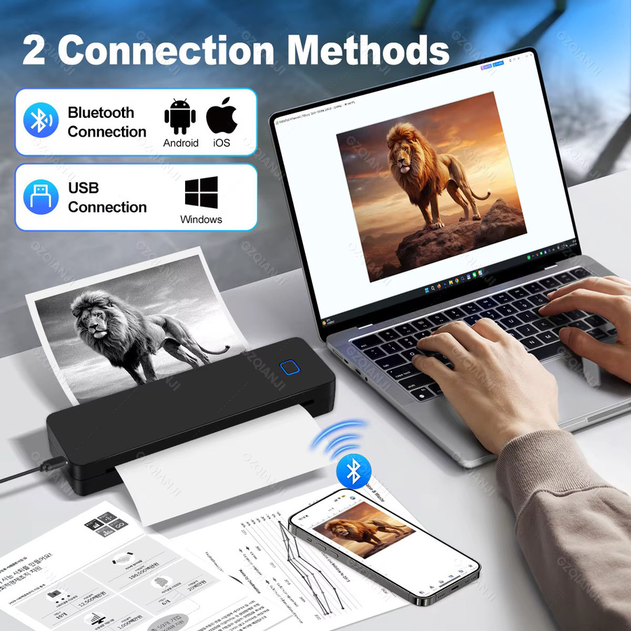 GZQIANJI Mobiler A4-Thermo-Minidrucker in Schwarz mit Bluetooth für Fotos und PDF-Dokumente - Bild 2