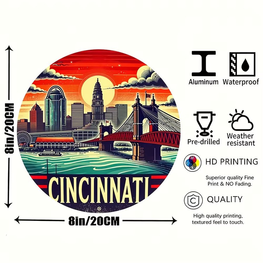 Potdemiel Vintage Cincinnati Skyline Rundes Aluminiumschild, Durchmesser: 20,3 cm, Mehrfarbig - Bild 2