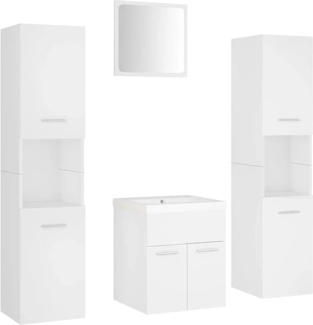 vidaXL Badmöbel-Set Weiß aus Holzwerkstoff mit Spiegel, Waschbeckenunterschrank, Hochschrank und Einbaubecken - Bild 1