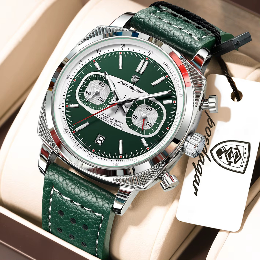 POEDAGAR Armbanduhr Chronograph, Quarz, Edelstahl, Leder, Silber, Herren - Bild 2