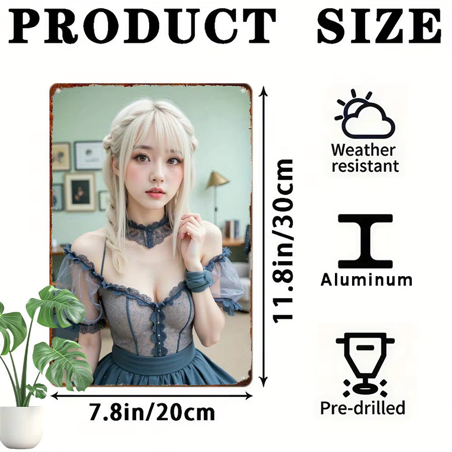 CIFBUY Anime Metallschild Retro Blaues Kleid Blondes Mädchen Wandkunst Deko, Breite: 20,32 cm, Höhe: 30,0 cm - Bild 3