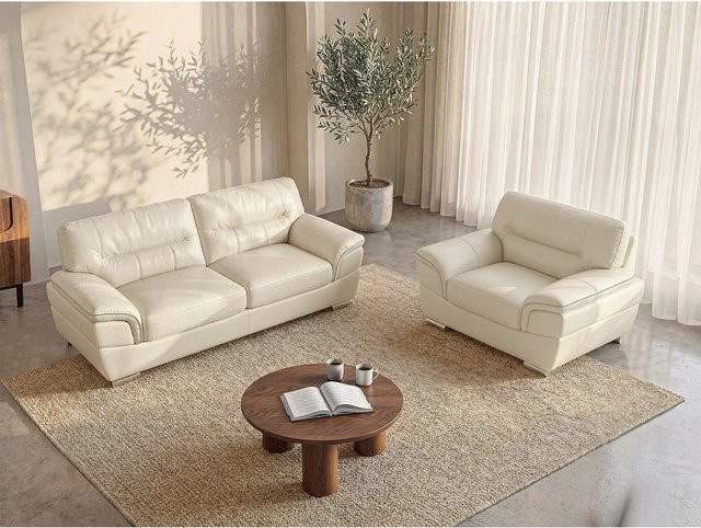 Vente-unique Couchgarnitur Thibault in Elfenbein mit Sessel und Ledersitz, B/T/H: 210 x 115 cm - Bild 1