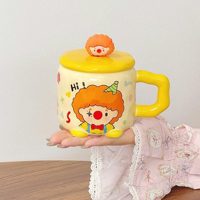 Yiran bag Clown Keramiktasse mit Deckel für Mädchen in Pink und Gelb, 500 ml - Bild 1
