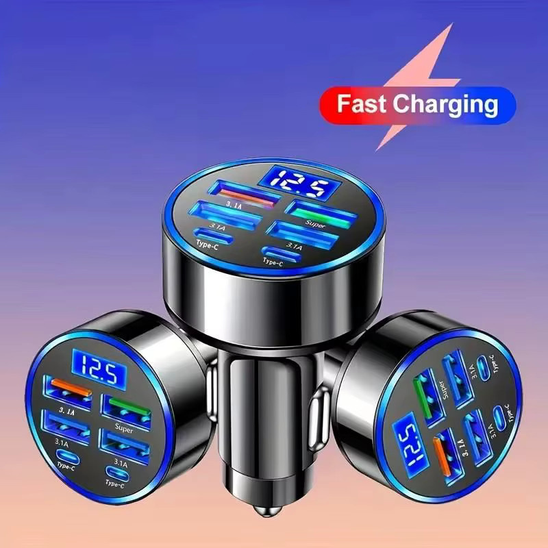 4-Port USB PD und QC 3.0 Autoladegerät mit LED-Digitalanzeige und Blaulicht in Schwarz und Blau für Huawei und Xiaomi - Bild 4