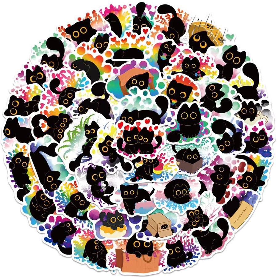 Charile Regenbogen schwarze Katze Aufkleber, Kawaii Cartoon Kätzchen Aufkleber, 10-teiliges Set - Bild 2