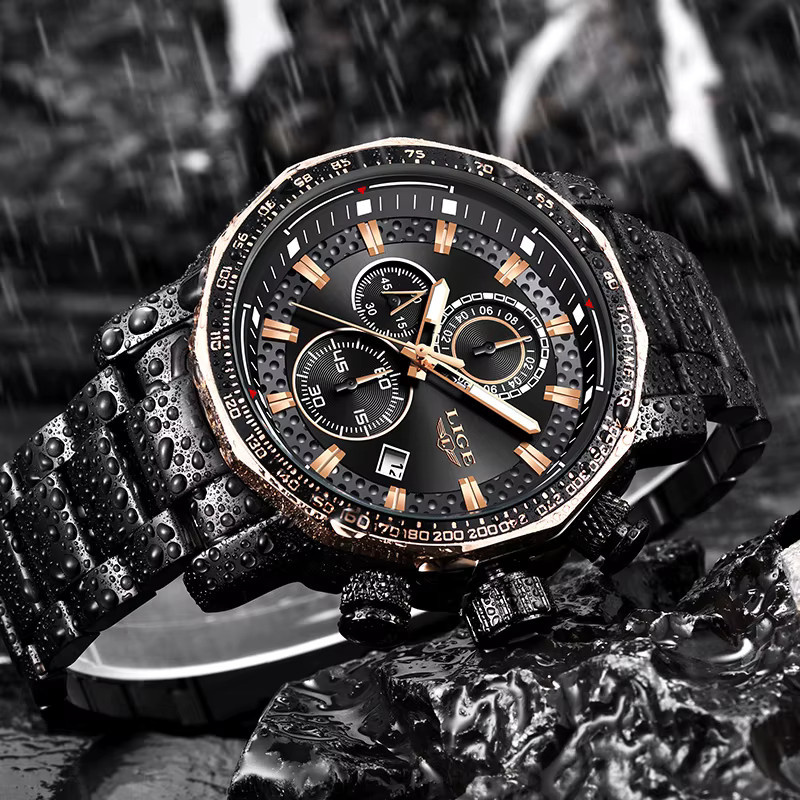 LIGE Chronograph, Quarz, Edelstahl, Silikon, Schwarz, Herren - Bild 4