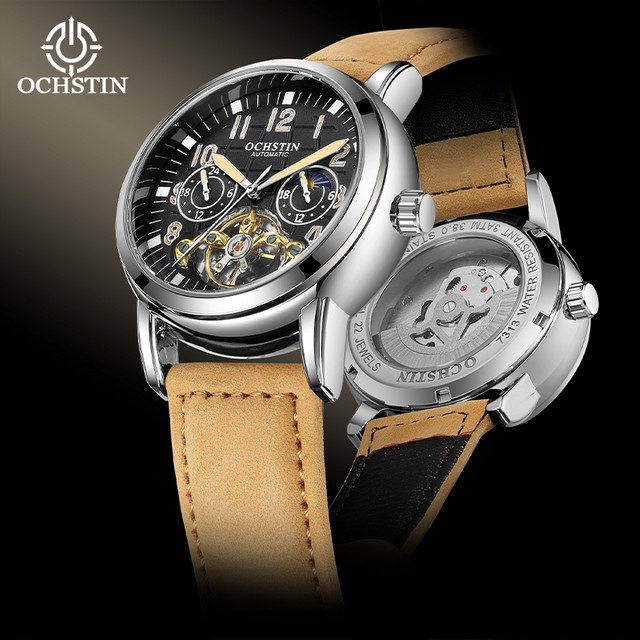 OCHSTIN Herrenuhr, Automatik, Edelstahl, Lederarmband, Schwarz, Silber - Bild 1