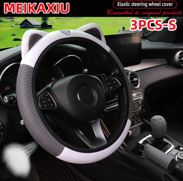 MEIKAXIU Autozubehör-Set Katze in Pink, 3-teilig mit Mesh-Lenkradbezug, Handbremsabdeckung und Schalthebelabdeckung - Bild 1