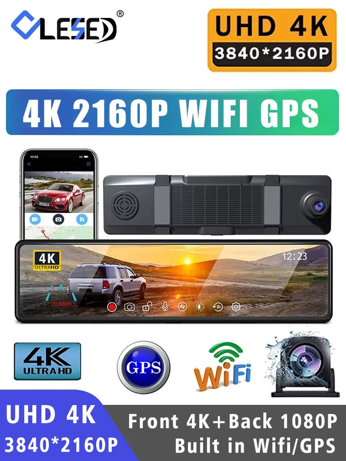 4K UHD Dash Cam Rückspiegel mit Dual Lens, GPS und WiFi, OLESED Bildschirm, Schwarz - Bild 7