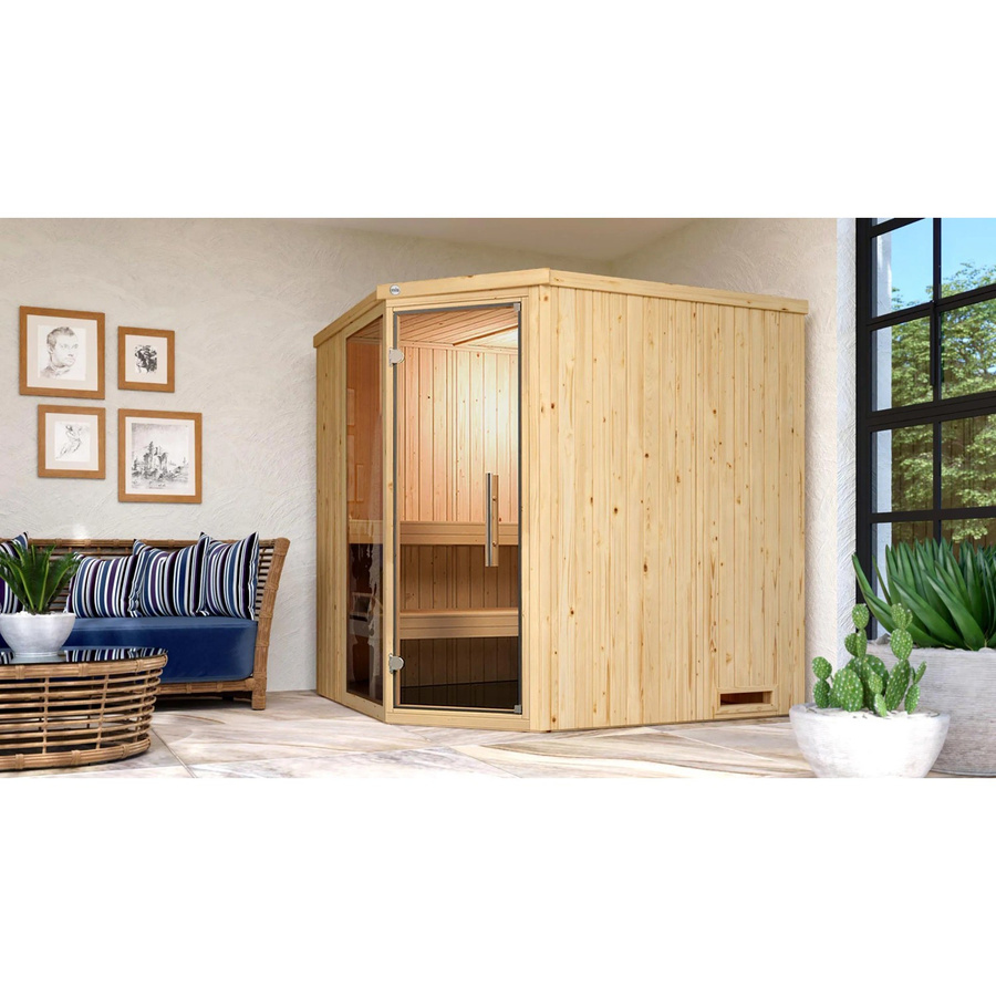 Weka Element-Ecksauna Varberg in Braun mit Glasfenster und 7,5 kW Sparset, B/T/H: 194 x 177 x 199 cm - Bild 2