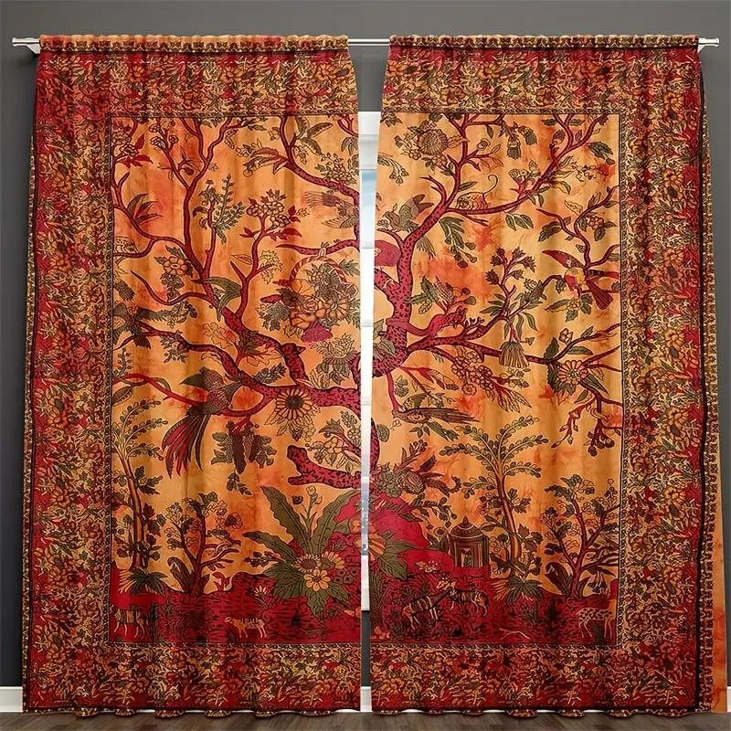 2 Stück Boho Hippie Fenstergardinen mit Lebensbaum Motiv in Multicolour, halbtransparent, B: 230 cm, H: 210 cm - Bild 2