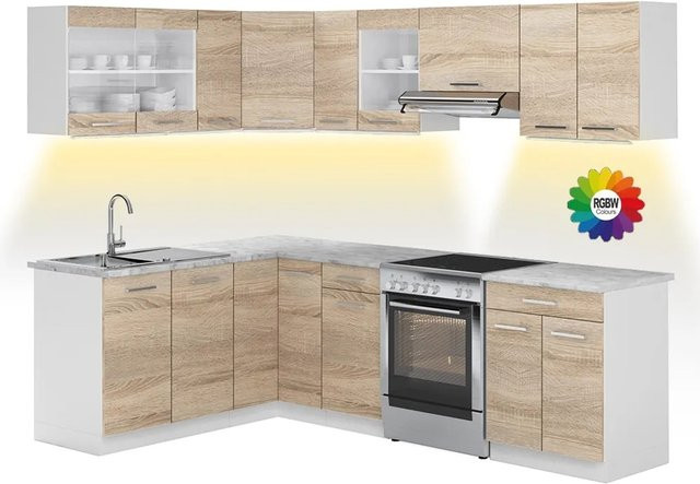Vicco Rick Eckküche Weiß/Sonoma mit LED-Leisten und Marmor-Optik, B: 247 cm, H: 167 cm - Bild 1