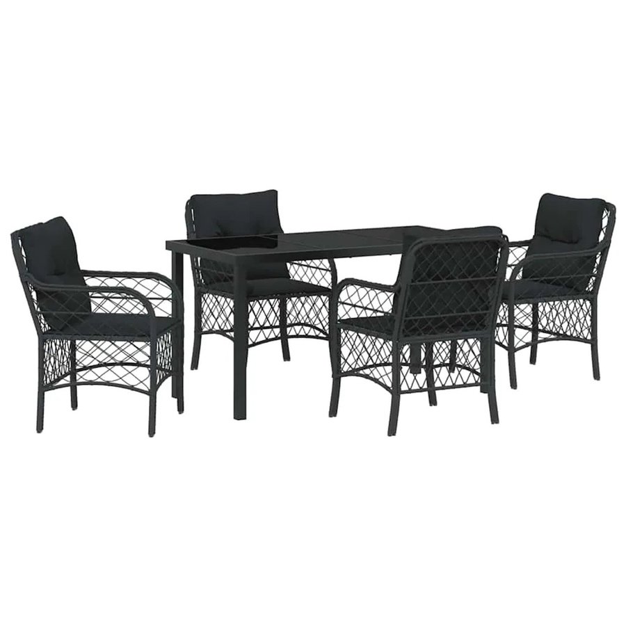 vidaXL Garten Essgruppe 5-teilig aus Poly Rattan und Stahl mit Glasplatte und Kissen in Schwarz - Bild 2