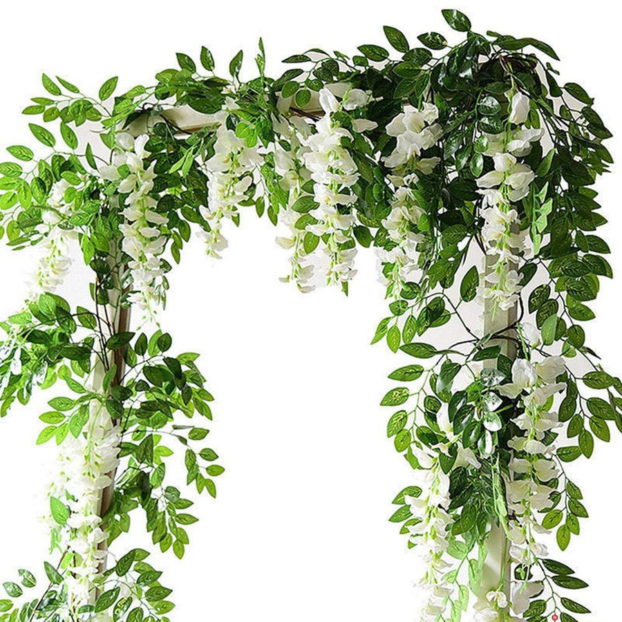 2er-Set Künstliche Glyzinien Girlanden mit Efeu Blättern und Rattan, 1,8 m Länge, Farben: Weiß, Lila, Rosa, Grün - Bild 1