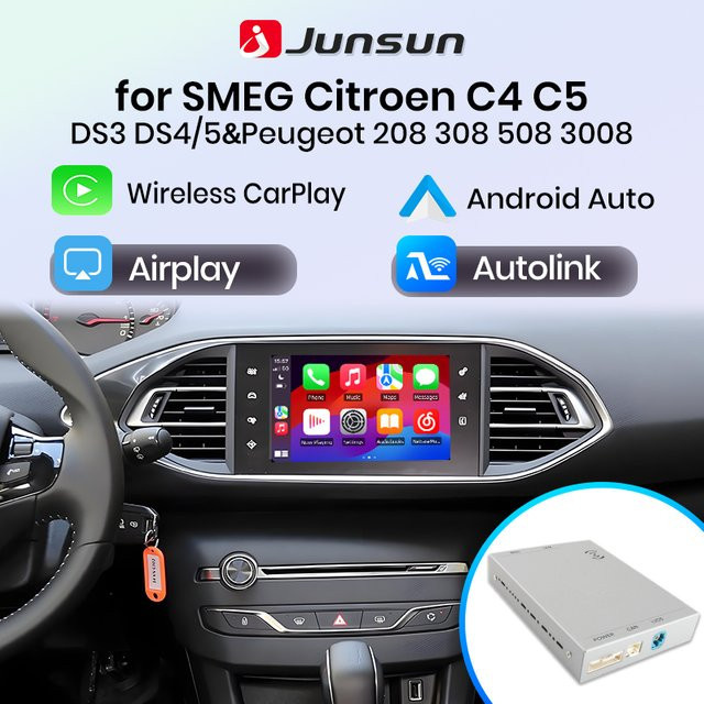 Junsun Wireless Carplay und Android Auto Modul für Peugeot Citroen SMEG MRN mit Rückfahrkamera und Navigationsunterstützung - Bild 1