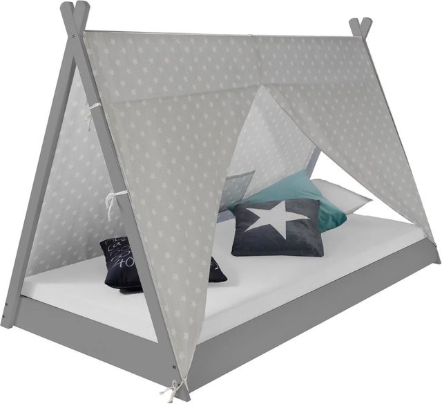 Homestyle4u Kinderbett im Tipi-Style aus Kiefernholz in Grau mit Sternendesign, B/T/H: 90 x 200 x 105,5 cm - Bild 1