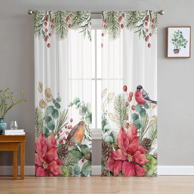 Yiran Furniture Gardine Robin im Landhausstil mit Blättermuster, weißer Tüll-Voile-Vorhang aus Viskose, Breite: 135 cm, Höhe: 115 cm - Bild 1