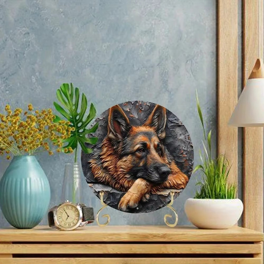 Potdemiel Wandkunst Rundes Aluminiumschild Schäferhund Relief-Dekoration in Kupfer-Optik Braun Durchmesser: 20 cm - Bild 2