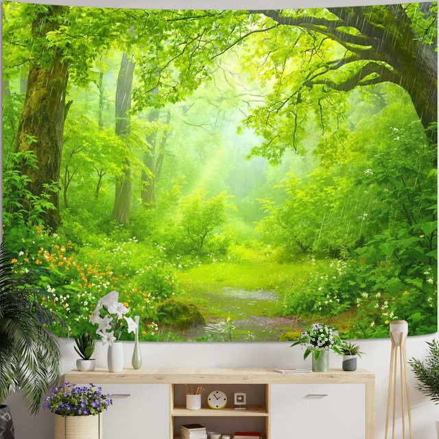 Nebelwald-Wandteppich von JMG Household Supplies mit Kiefern, Sonnenstrahlen und schneebedeckten Bergen in Grün, Breite: 70 cm, Höhe: 100 cm - Bild 1