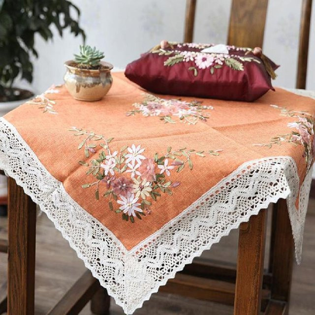 CUCU DIY Stickerei-Set für quadratische Tischdecke in Orange inklusive Sticknadel, Garn und Stoff, B/B/H: 90 x 90 cm - Bild 1