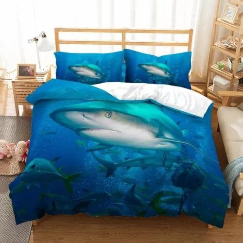 Haifisch-Bettwäsche-Set mit Haifischmuster in Blau, 3-teilig, EU Single, B x H: 135 x 200 cm - Bild 1