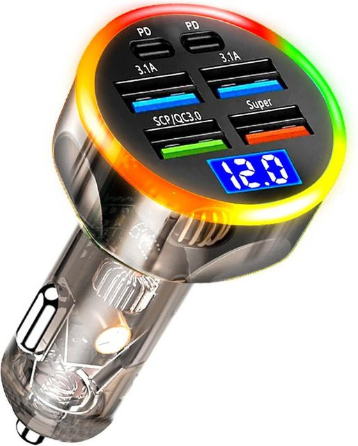 YJMP 6-Port USB-Autoladegerät mit 4 USB-A und 2 PD USB-C Anschlüssen, Schnellladegerät QC3.0 mit Spannungsanzeige, weiß - Bild 1