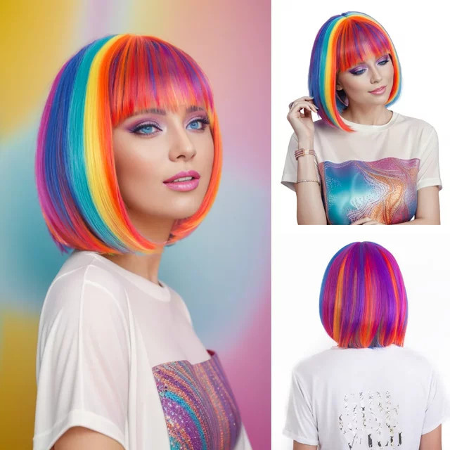 Whimsical W Regenbogen-Perücke, kurzer Bob mit Pony, lockig, Damen - Bild 1