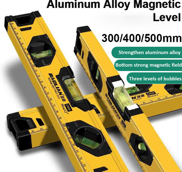Magnetische Wasserwaage aus Aluminiumlegierung in Gelb mit 180/90/45-Grad-Blasen und stoßdämpfenden Endkappen - Bild 1