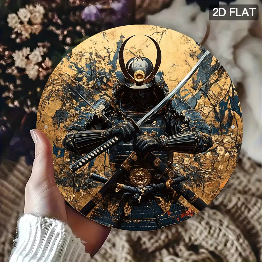 HELLOYOUNG Japanische Samurai Wandkunst aus Metall in Gold, runde dekorative Metallkunst mit traditionellem Schwertdesign, Durchmesser: 19,8 cm - Bild 4