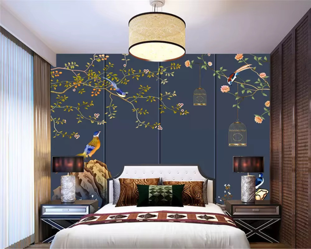 Beibehang Tapete mit modernem Blumen- und Vogelmuster in Blau - Bild 2