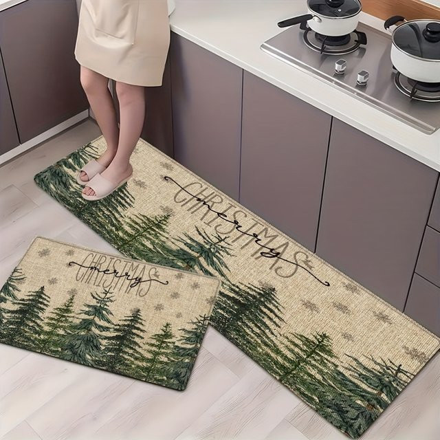 VIKAMA 2er-Set Weihnachtsteppiche mit Kiefer und Schneeflocken-Design für Küche und Flur, Rechteckig - Bild 1
