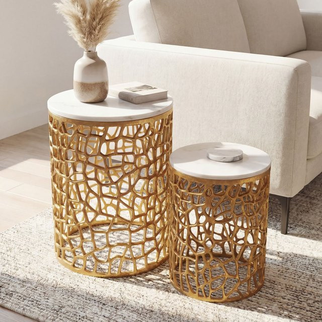 2er Set Couchtisch Finebuy aus Marmor und Metall in Gold und Weiß, runde Satztische für dein Wohnzimmer - Bild 1