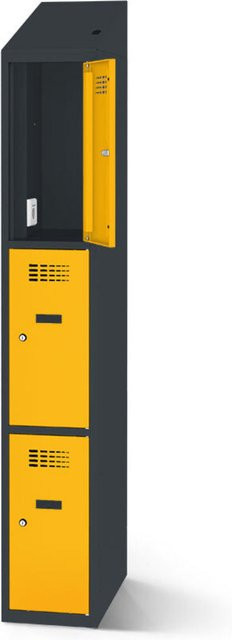 rotstahl Fächerschrank mit Ladefunktion und 3 Fächern in Gelb mit anthrazitgrauem Korpus, B: 30 cm, H: 200 cm - Bild 1