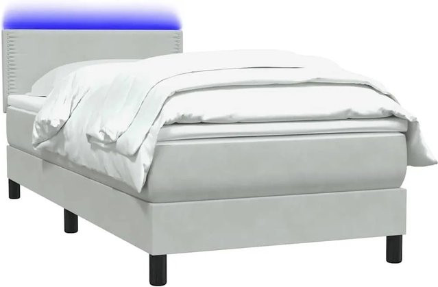 vidaXL Boxspringbett mit Matratze in Hellgrau, Hybridbett mit LED-Unterbettbeleuchtung und USB-Anschluss, Samt, B: 90 cm, T: 223 cm, H: 78 cm - Bild 1
