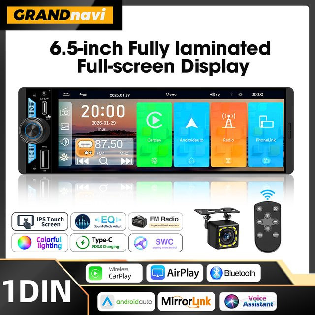 Grandnavi 6,5 Zoll 1Din IPS Autoradio mit kabellosem Carplay, Android Auto und Airplay, Bluetooth, USB-C PD3.0 Schnellladung, Schwarz - Bild 1