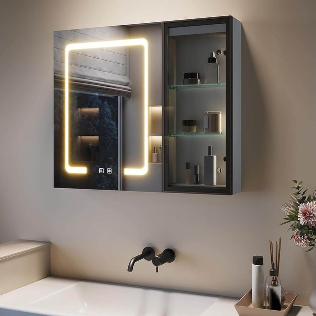 SONNI Spiegelschrank Bad mit LED-Beleuchtung und Glasvitrine, Schwarz/Grau, Anti-Beschlag, Steckdose, Dimmbar, B/H/T: 70 x 70 x 15,6 cm - Bild 1