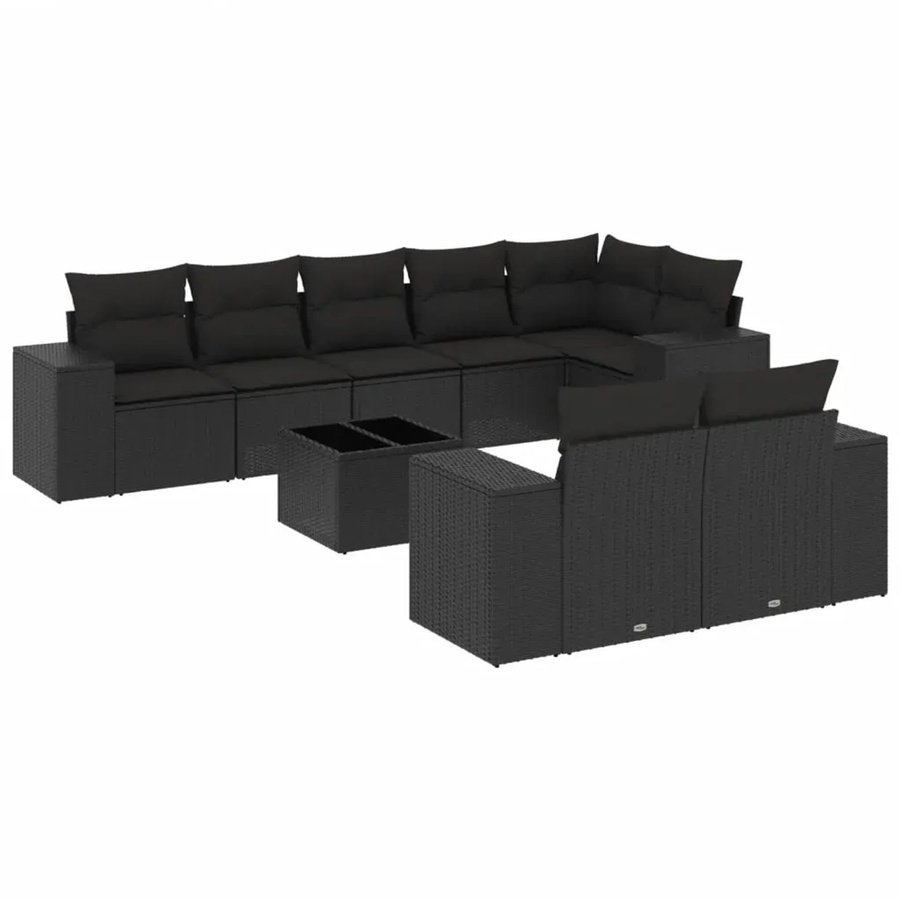 vidaXL 9-tlg Garten-Sofagarnitur in L-Form aus schwarzem Poly-Rattan mit wetterfesten Kissen und pulverbeschichtetem Stahlgestell - Bild 2